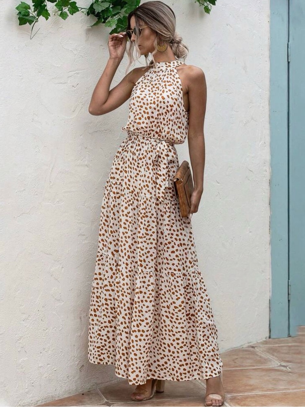 SHEIN Cream & Brown Halter-Print Maxi Dress